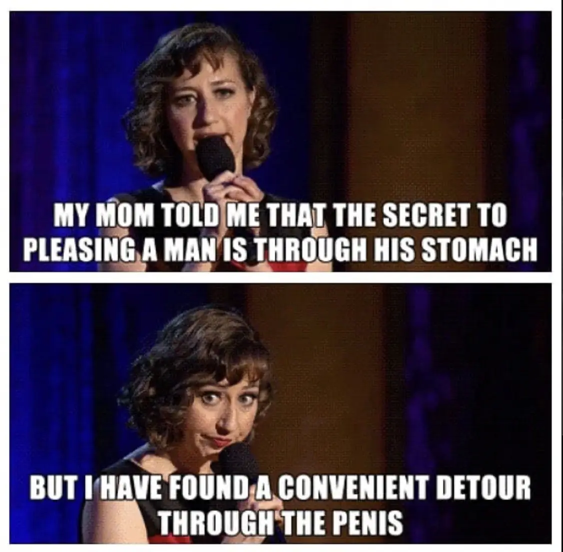 A two-panel meme featuring comedian Hannah Gadsby on stage holding a microphone. In the top panel, she says her mom told her…