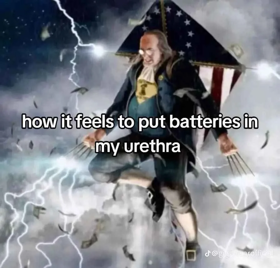 A digitally altered image shows a historical figure resembling Benjamin Franklin, with an American flag as an umbrella…