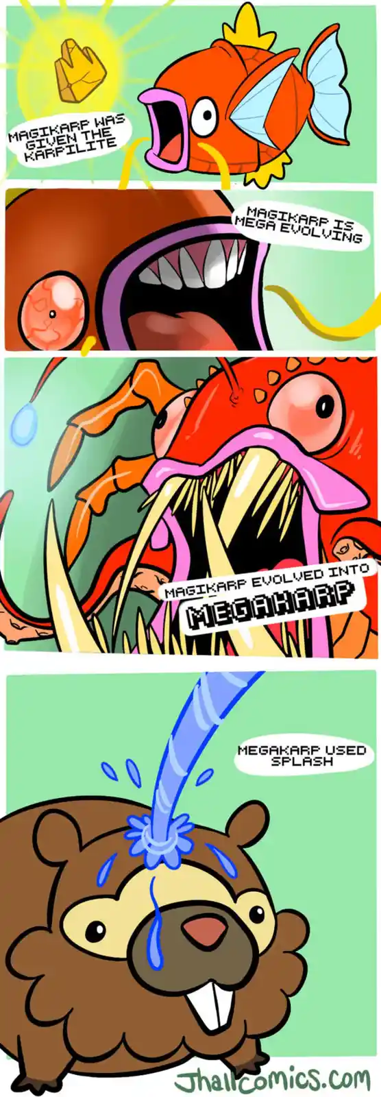 A four-panel comic shows Magikarp receiving a Karpilite, mega evolving into a monstrous form called Megakarp, and then using…