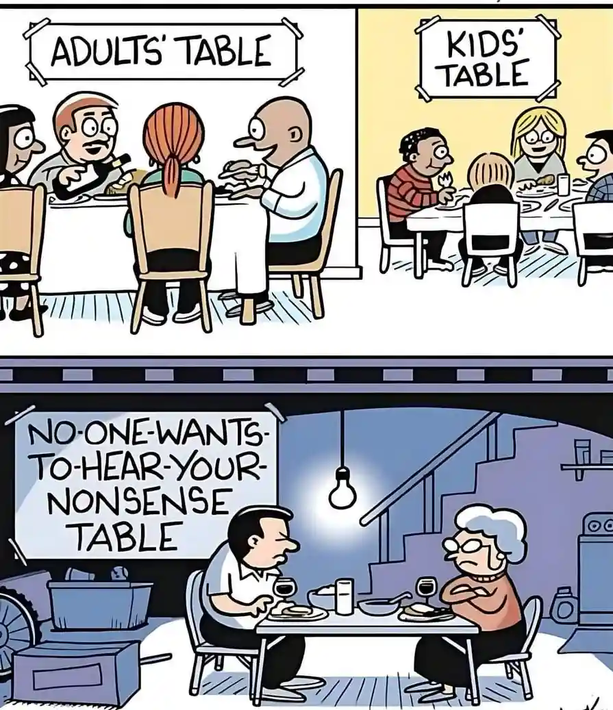 The image is a three-panel comic strip. The top panels show adults and children seated at separate tables labeled 'ADULTS'…