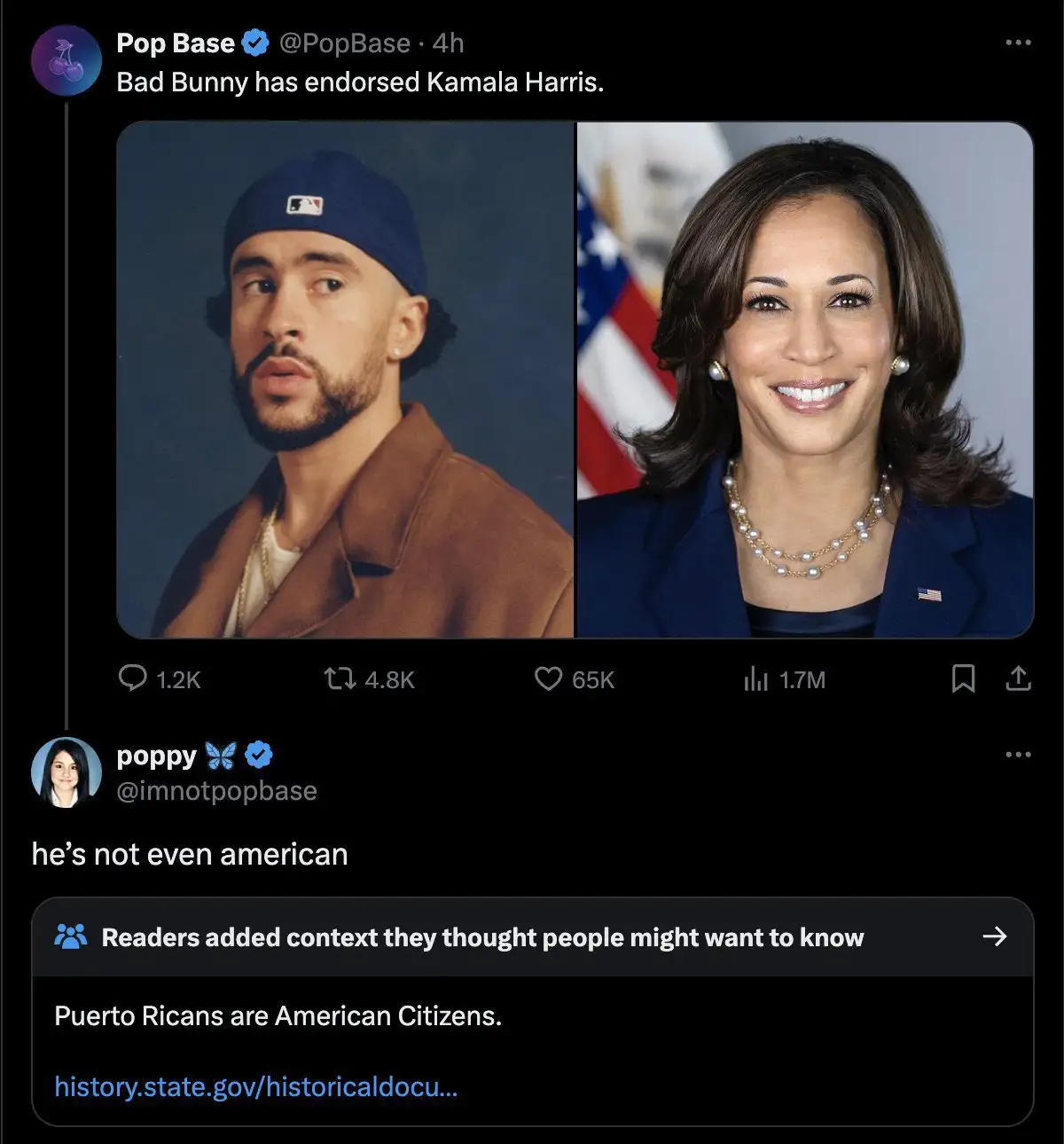 A screenshot of a Twitter thread shows a post by 'Pop Base' announcing 'Bad Bunny has endorsed Kamala Harris.' Below it, a…