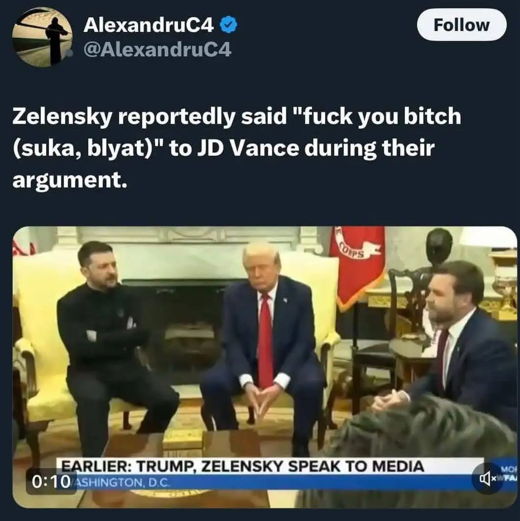 A screenshot of a tweet by AlexandruC4 shows a video still of three men seated in an ornate room. From left to right: a man…