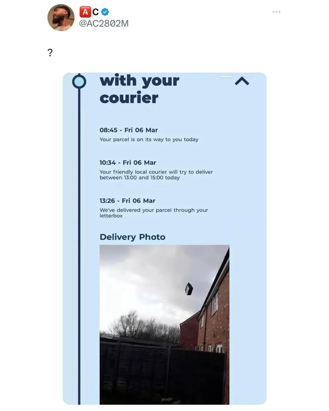A screenshot of a delivery app notification showing a parcel was delivered through a letterbox, with a photo of the parcel…