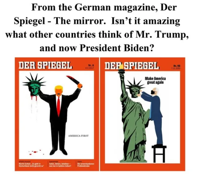 Two side-by-side magazine covers from Der Spiegel show caricatures of Donald Trump and Joe Biden. On the left, Trump is…
