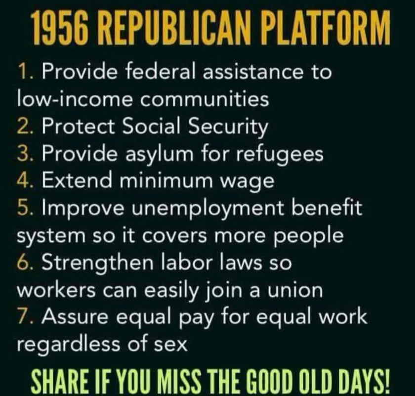 The image displays a dark green background with bold yellow and white text listing seven points from the 1956 Republican…