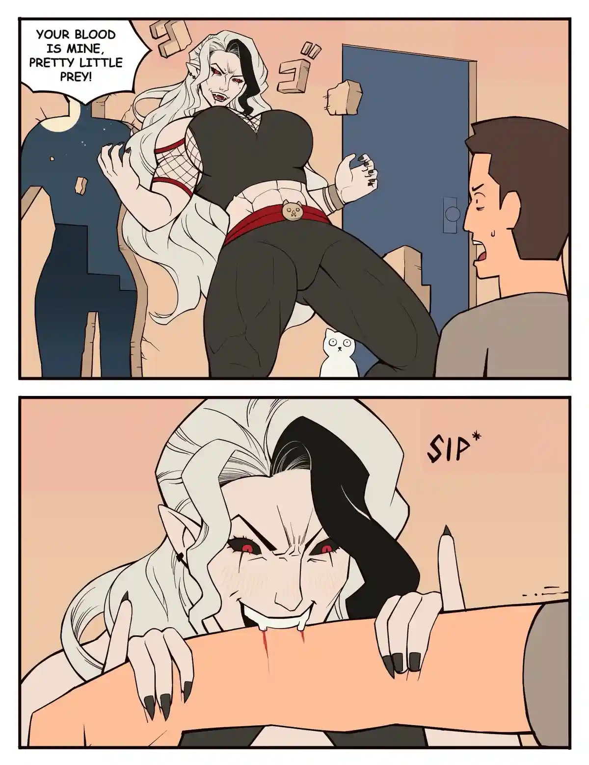 A two-panel comic shows a vampire woman with white and black hair, red eyes, and fangs lunging at a terrified man. In the…