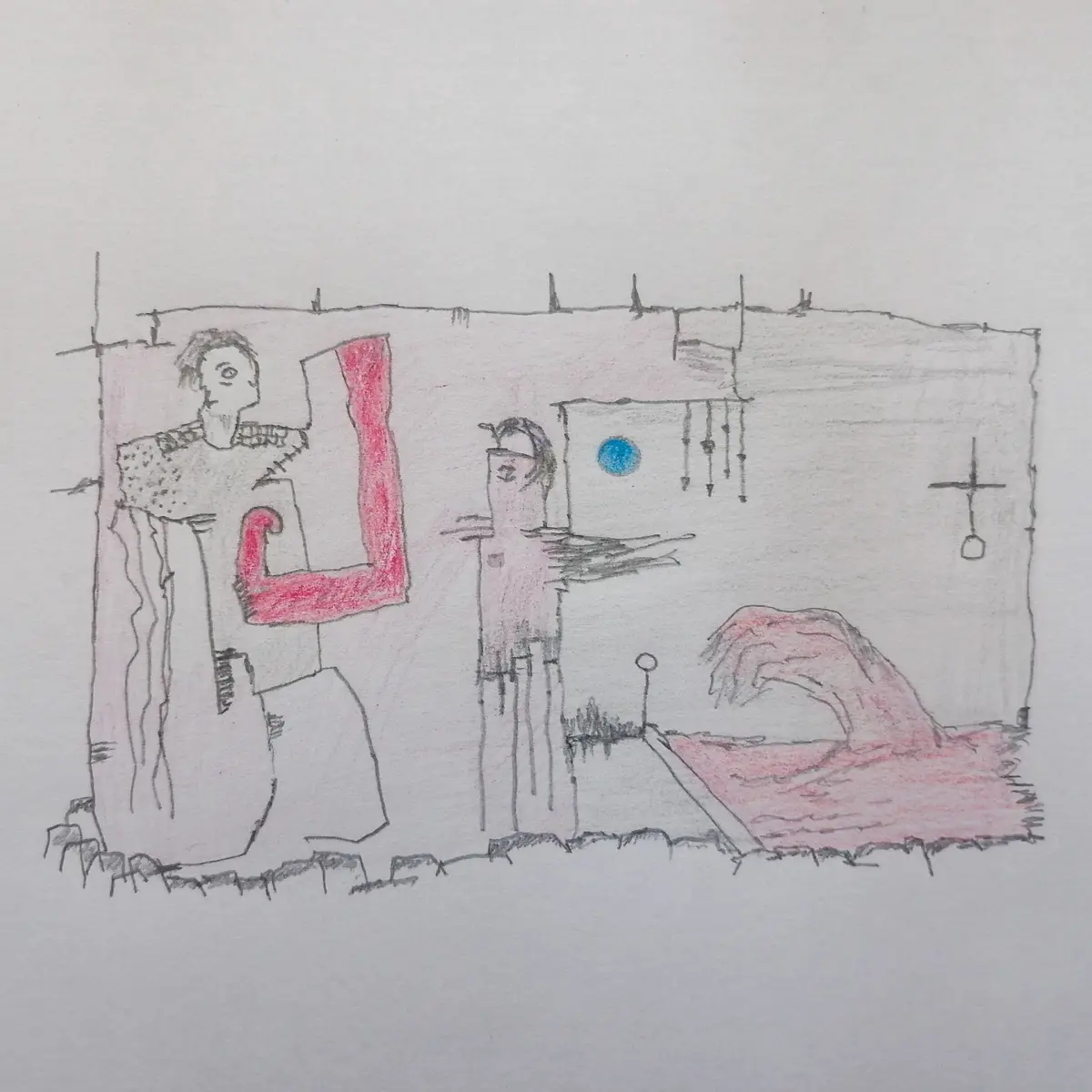 A child's crayon drawing depicts a crude, abstract scene with three stick-figure-like human forms. One figure on the left…