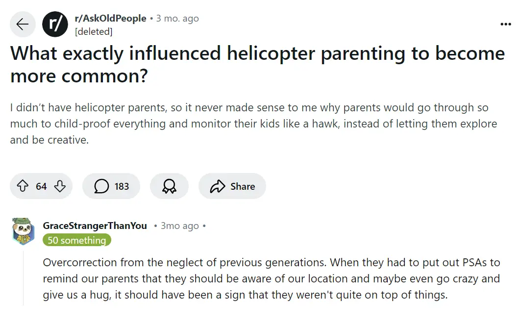 A Reddit post from r/AskOldPeople where a user asks what influenced helicopter parenting to become more common. A reply from…
