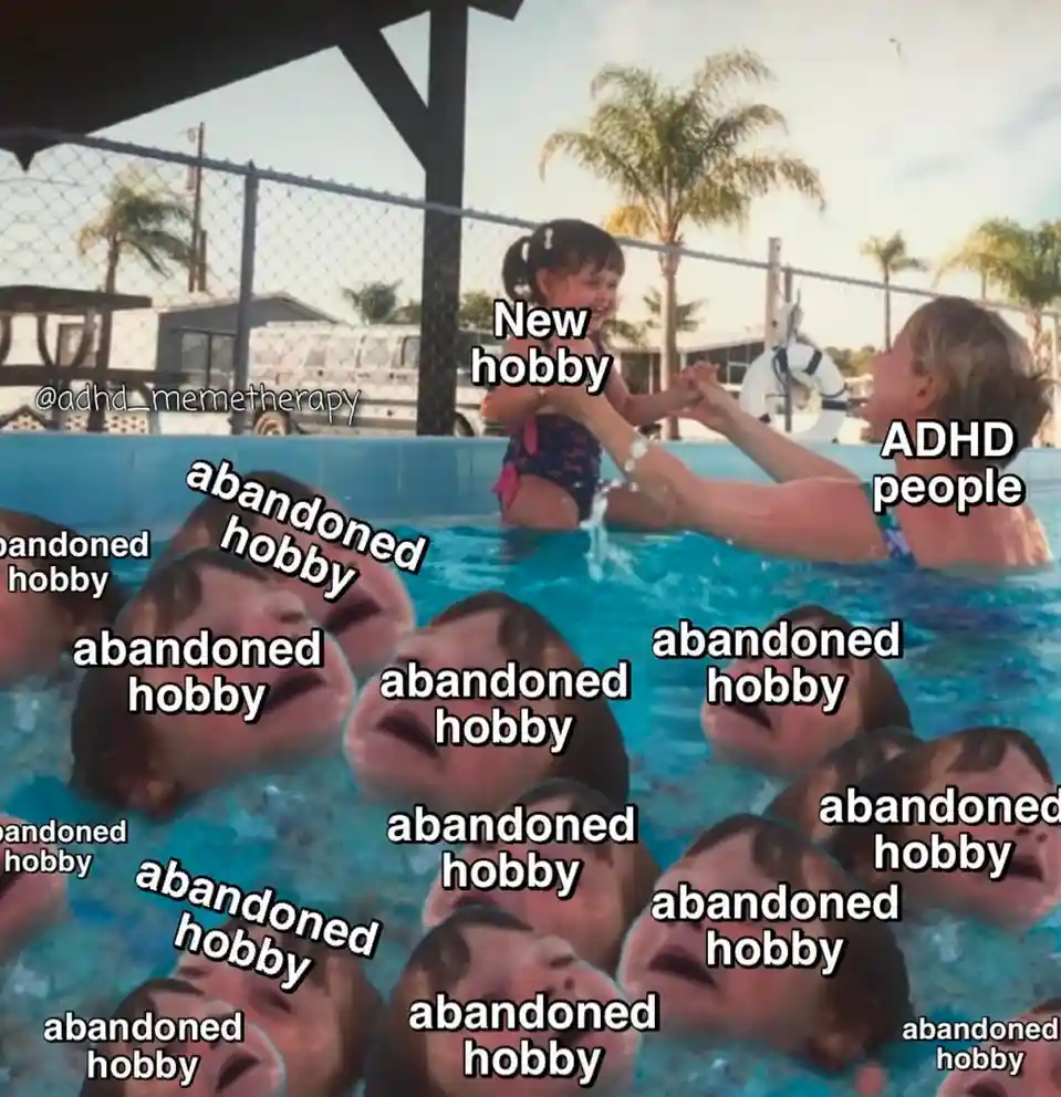 A photo shows a woman in a pool holding hands with a smiling child labeled 'New hobby,' while multiple faces submerged in…