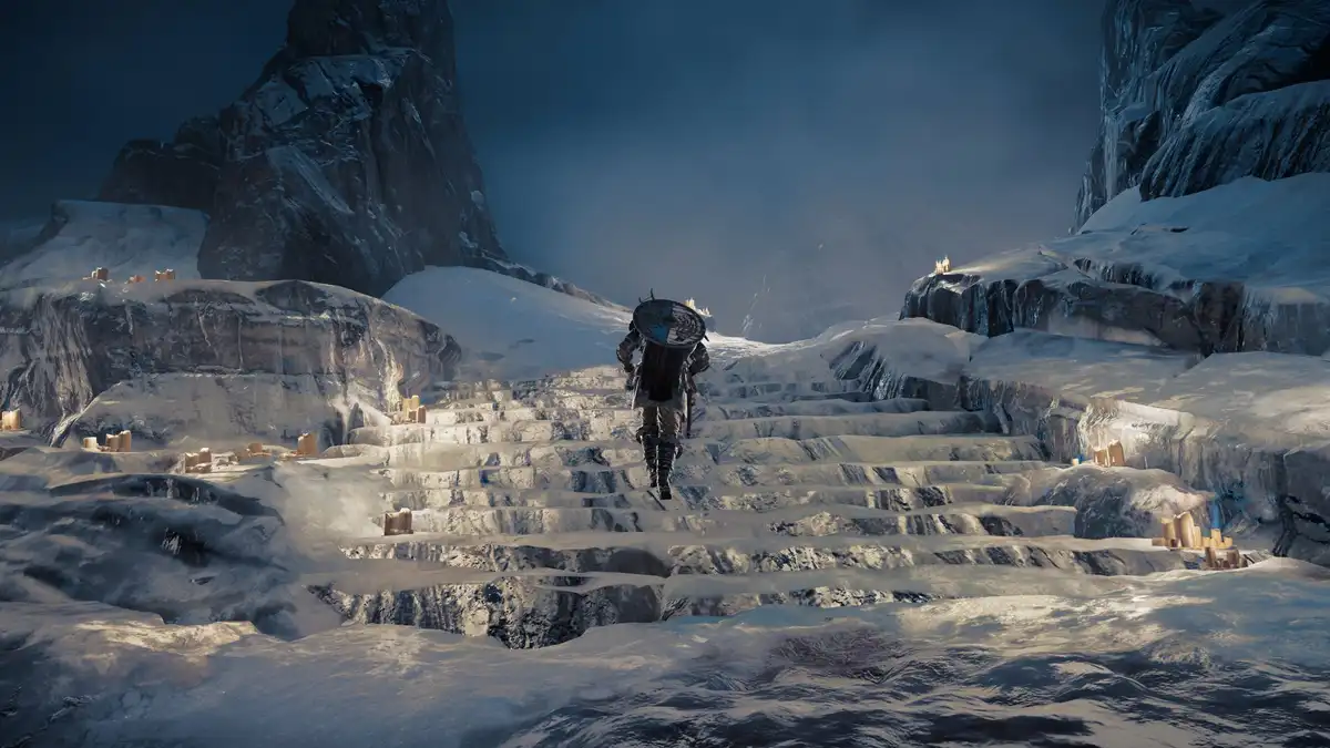 A lone armored warrior with a shield walks up a long, snow-covered staircase in a mountainous, icy landscape. The stairs are…