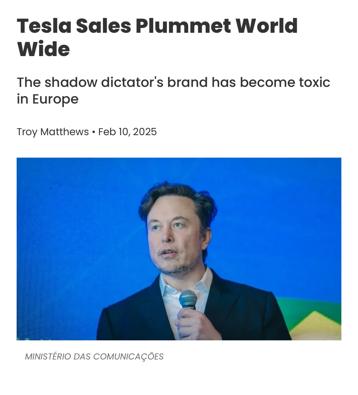 An image of Elon Musk holding a microphone against a blue background, overlaid with fake news article text claiming 'Tesla…