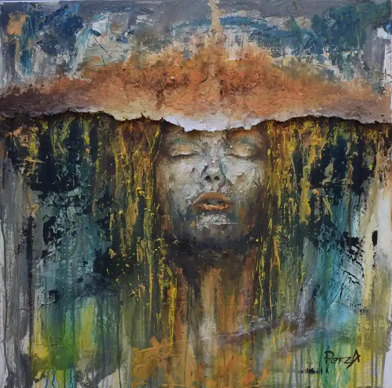 An abstract painting depicts a serene, closed-eyed human face emerging from a textured, layered background of blues, greens…