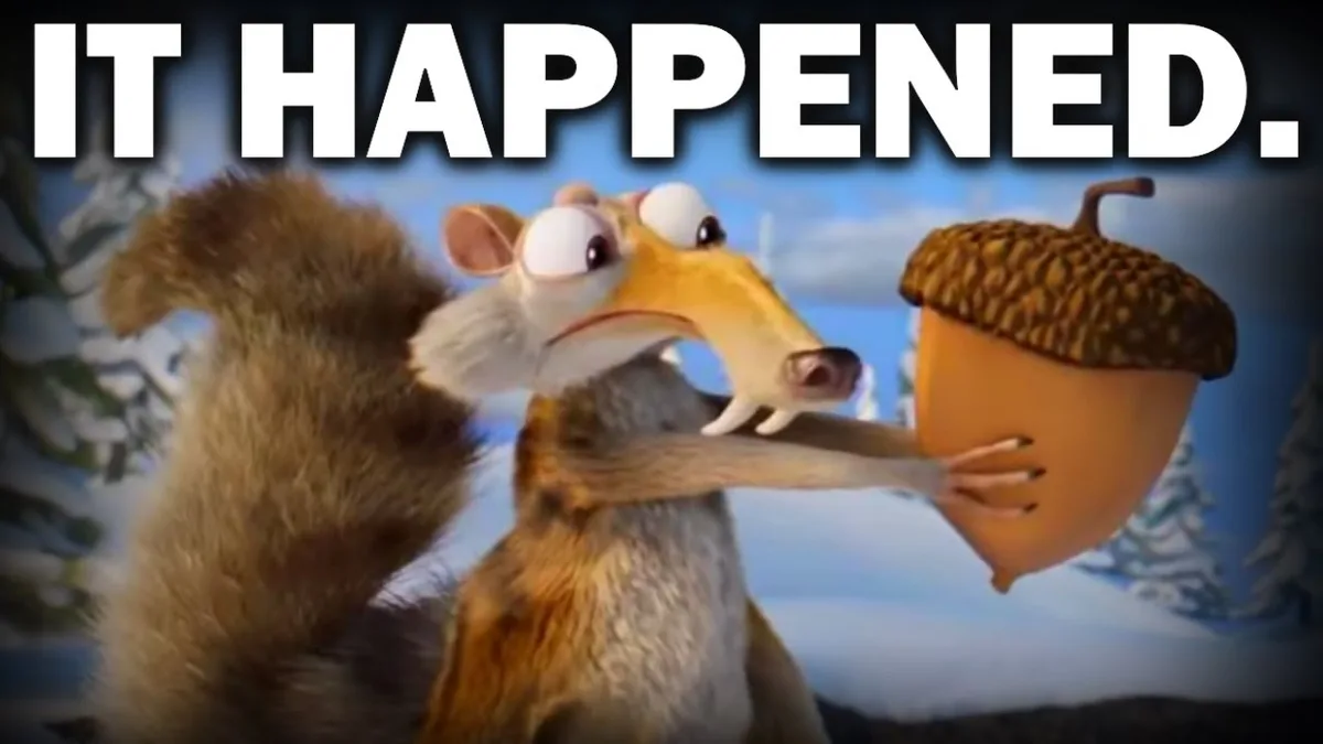A cartoon squirrel with wide eyes and a surprised expression holds a large acorn in front of its face, set against a snowy…