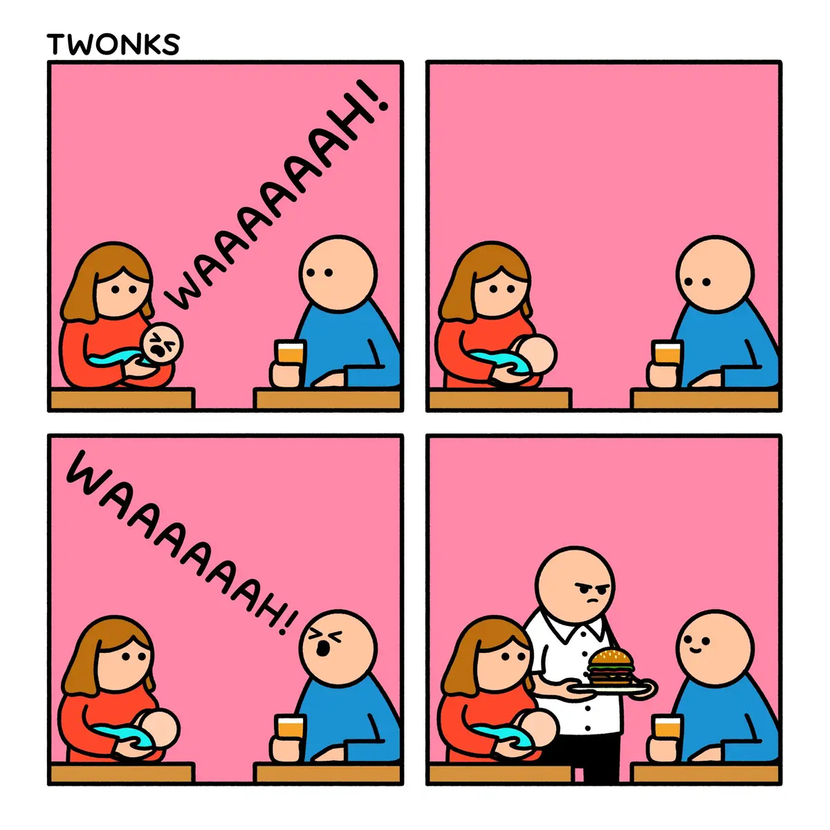 A four-panel comic shows a woman holding a crying baby while a man sits beside her with a drink. The baby stops crying, then…