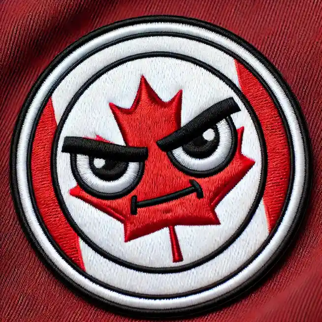 A close-up of an embroidered circular patch on red fabric, featuring a red maple leaf with an angry, cartoonish…
