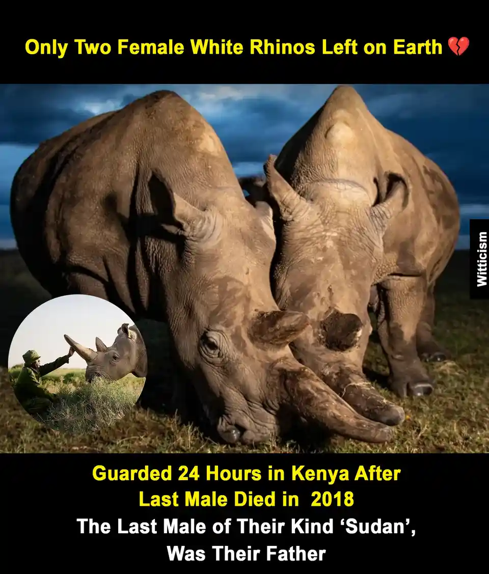 The image shows two female white rhinos standing close together in a grassy field under a cloudy sky. A circular inset photo…