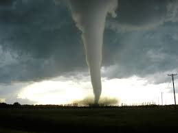 A dramatic photograph of a large, funnel-shaped tornado touching down in a rural field under a dark, stormy sky. The tornado…