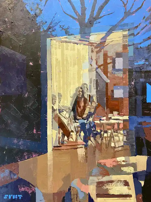 An abstract, textured painting depicts a figure seated at a table in a dimly lit room with visible brushstrokes and a bare…