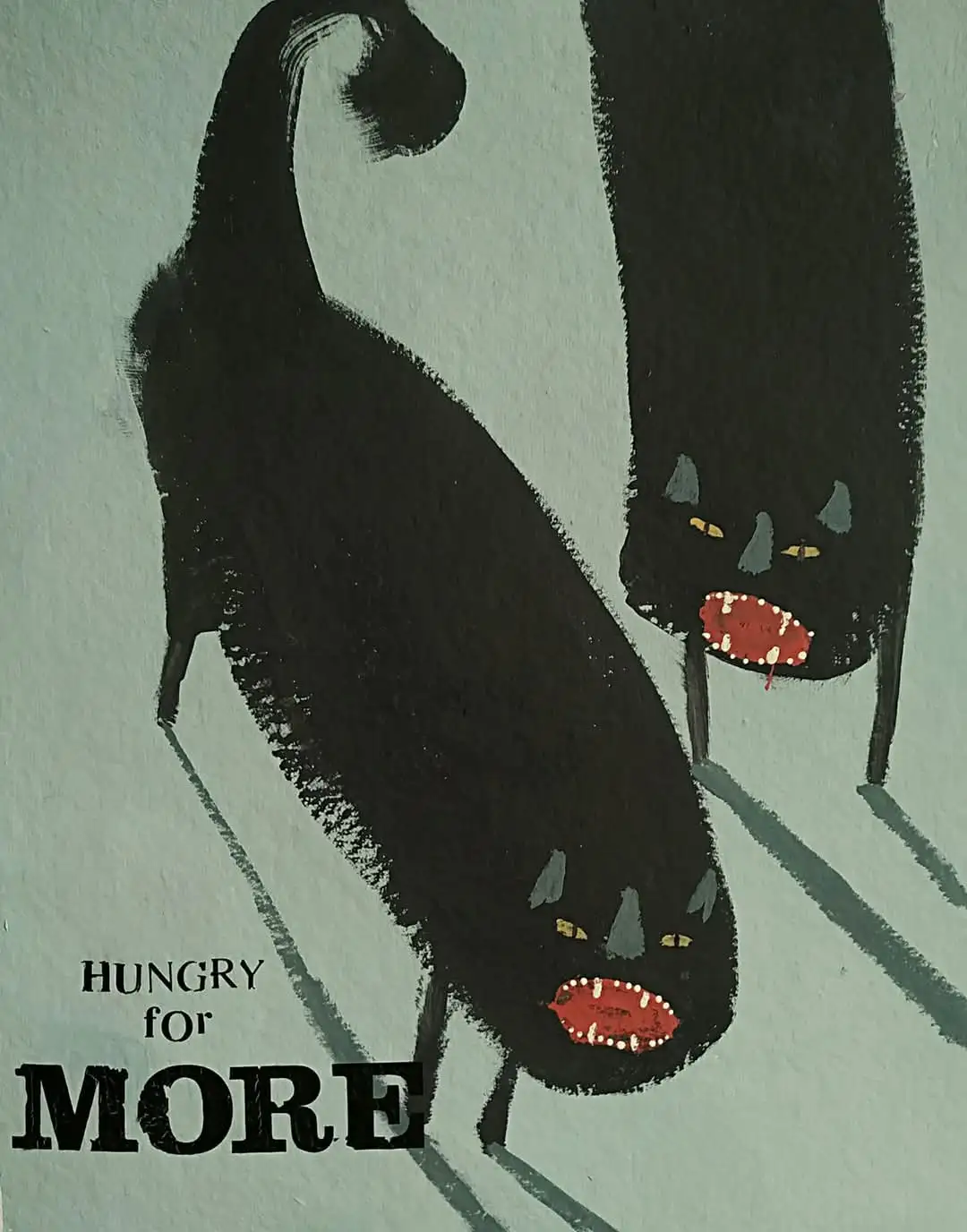 Two stylized black cats with yellow eyes and red mouths hang upside down against a pale green background. The text 'HUNGRY…