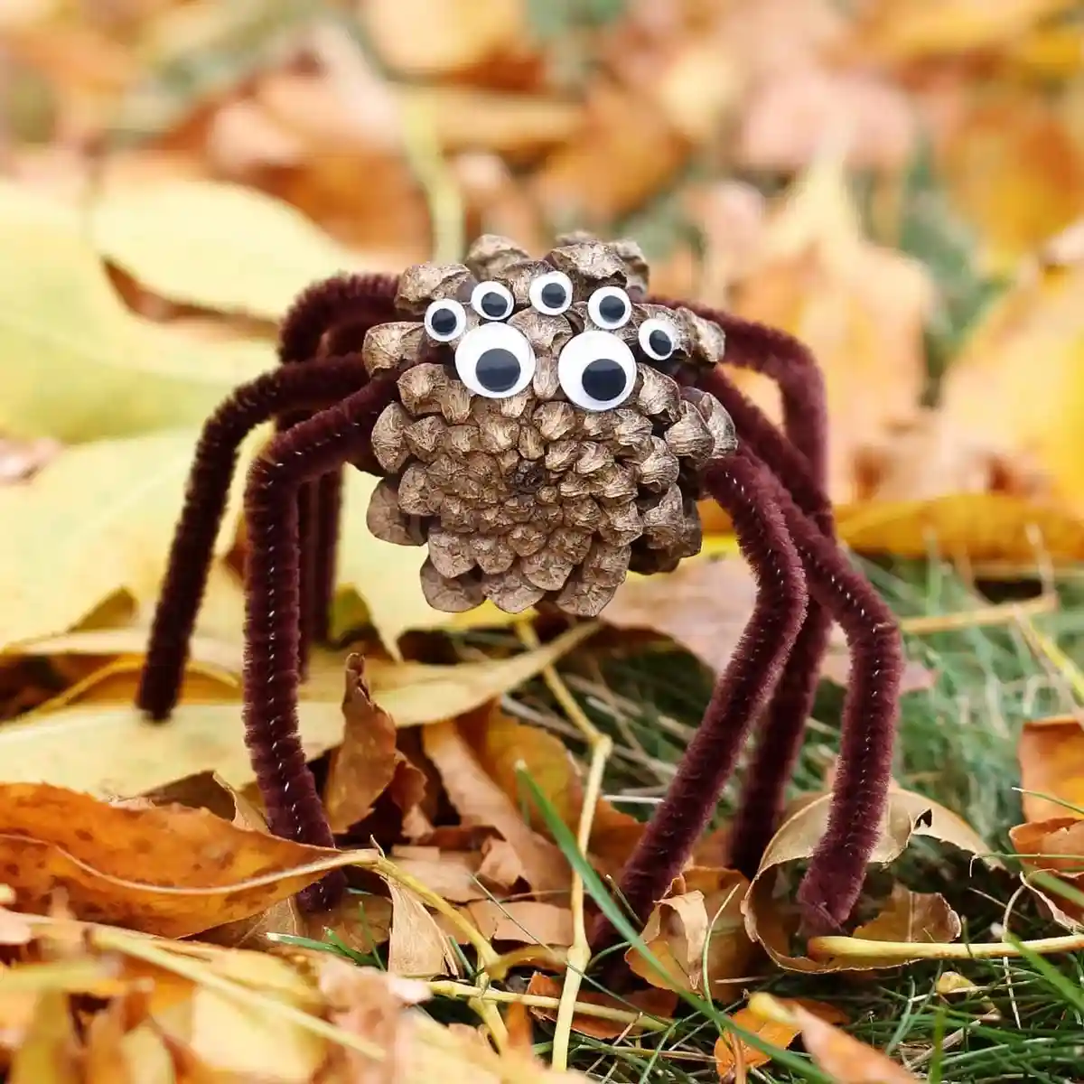 A handmade craft spider made from a pinecone body and maroon pipe cleaner legs, adorned with large googly eyes, sits among…