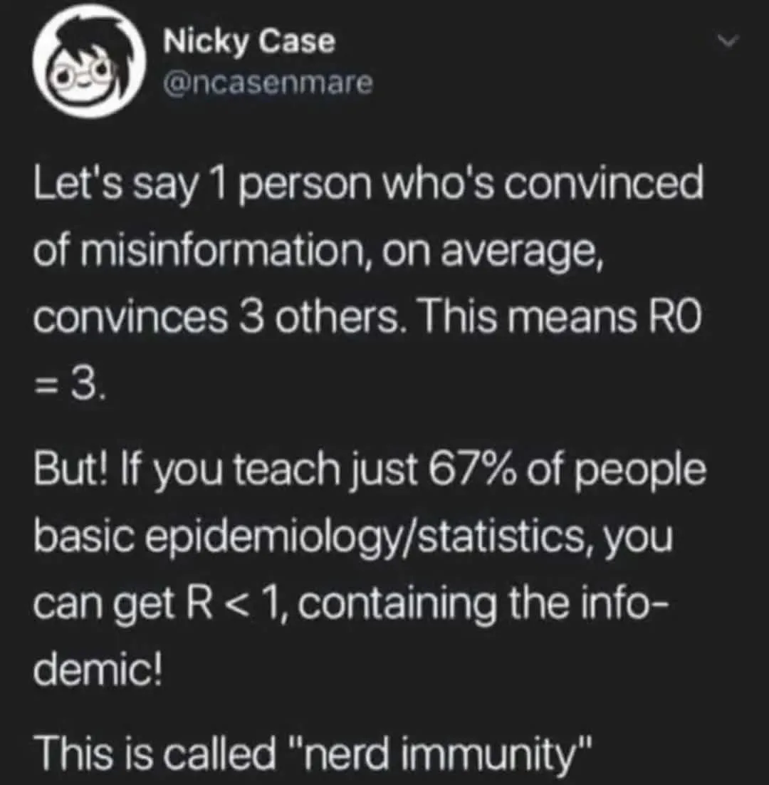 A screenshot of a tweet by Nicky Case (@ncasenmare) explaining how misinformation spreads like a disease with an R0 of 3…