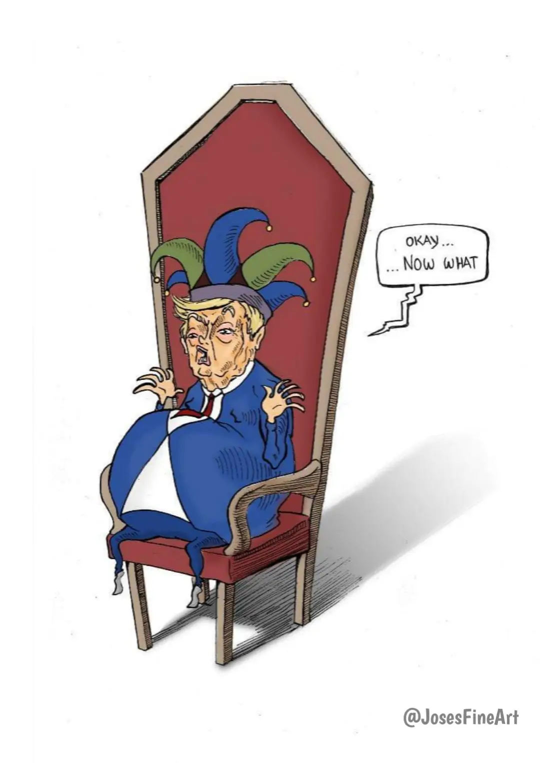 A cartoon depicts a caricature of Donald Trump wearing a jester's hat and sitting in a large, ornate red chair. He has a…