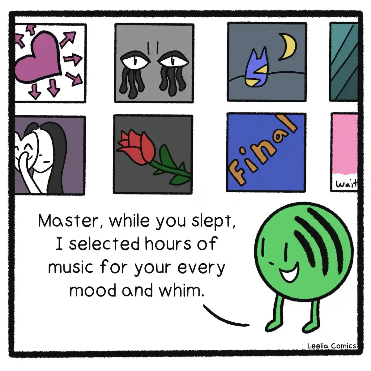 A comic strip shows a green Spotify-like mascot proudly presenting a grid of mood-themed images including a heart with…