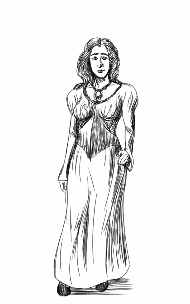 A black-and-white sketch shows a woman in a long, flowing dress with a fitted bodice and puffy sleeves, standing with a…