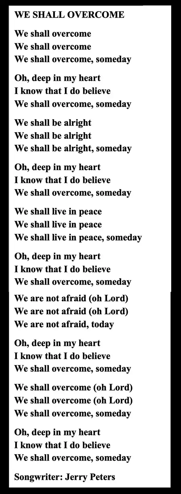 The image displays the full lyrics of the song 'We Shall Overcome' in black text on a white background. The lyrics are…