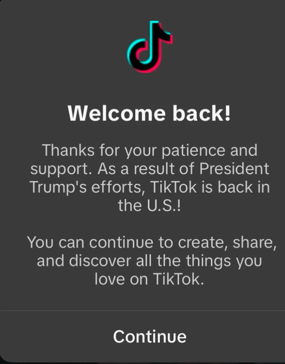 A screenshot of a TikTok welcome back screen with the app's logo at the top. The text says 'Welcome back! Thanks for your…