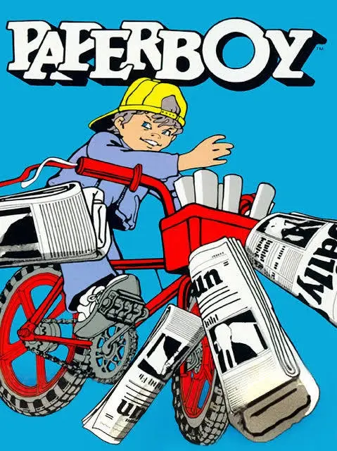 A vintage comic book cover for 'Paperboy' shows a young boy in a yellow cap and blue jacket riding a red bicycle overflowing…