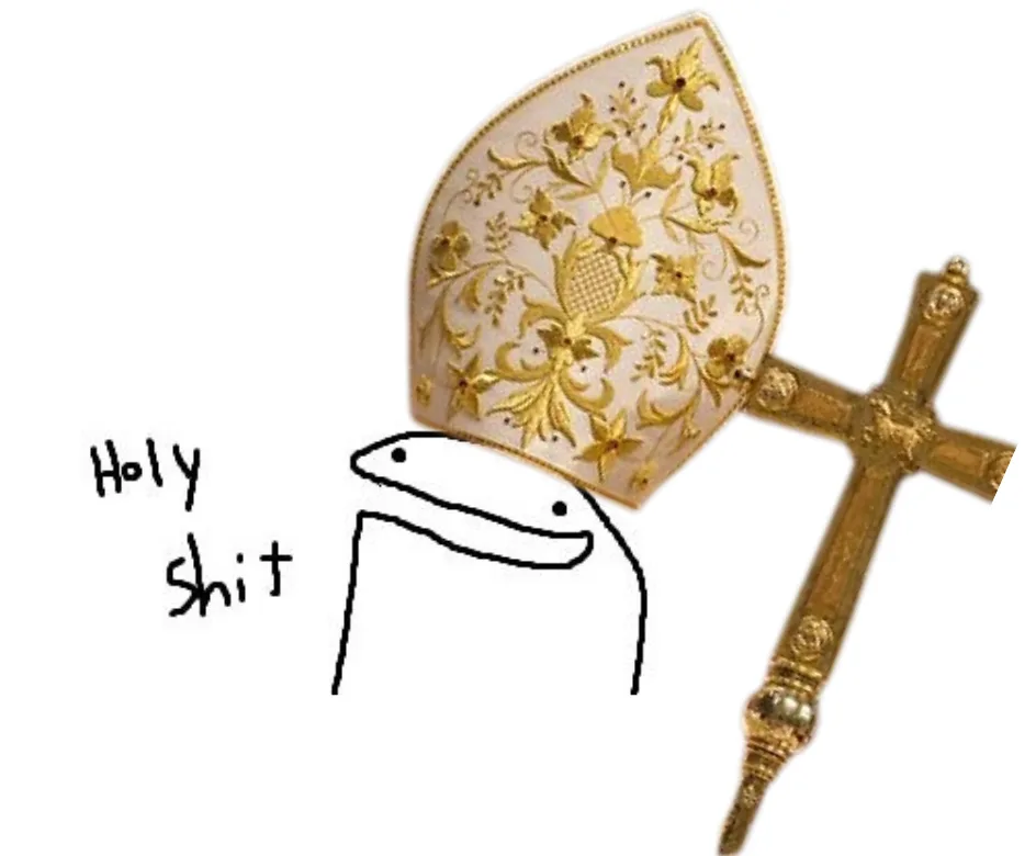 A simple stick figure with a wide, open-mouthed expression is shown next to a large, ornate golden bishop's mitre and a…