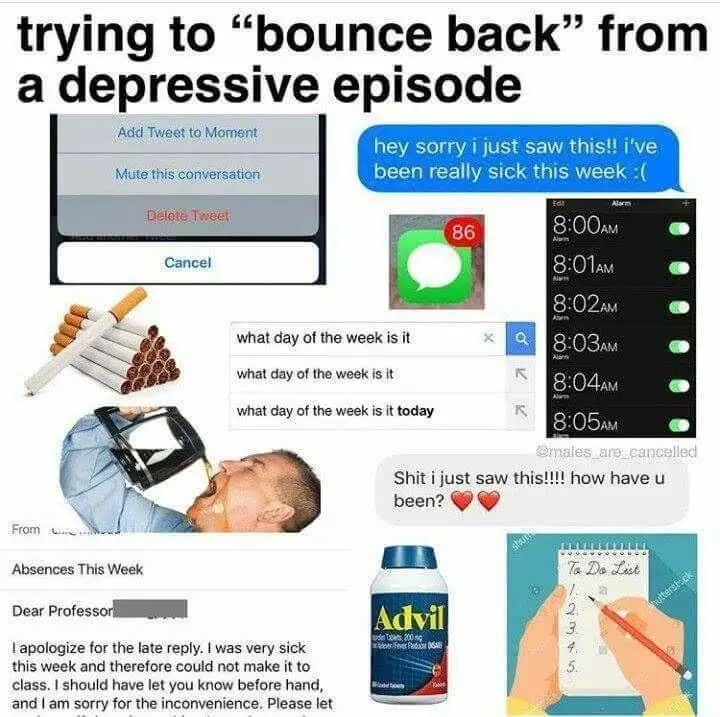A collage of images depicting attempts to recover from depression, including deleting a tweet, checking a phone for 86…