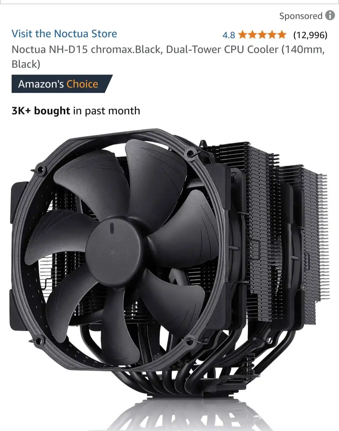 An amazon product listing image for a Noctua NH-D15 chromax.Black CPU cooler, showing its black dual-tower heatsink and fan…