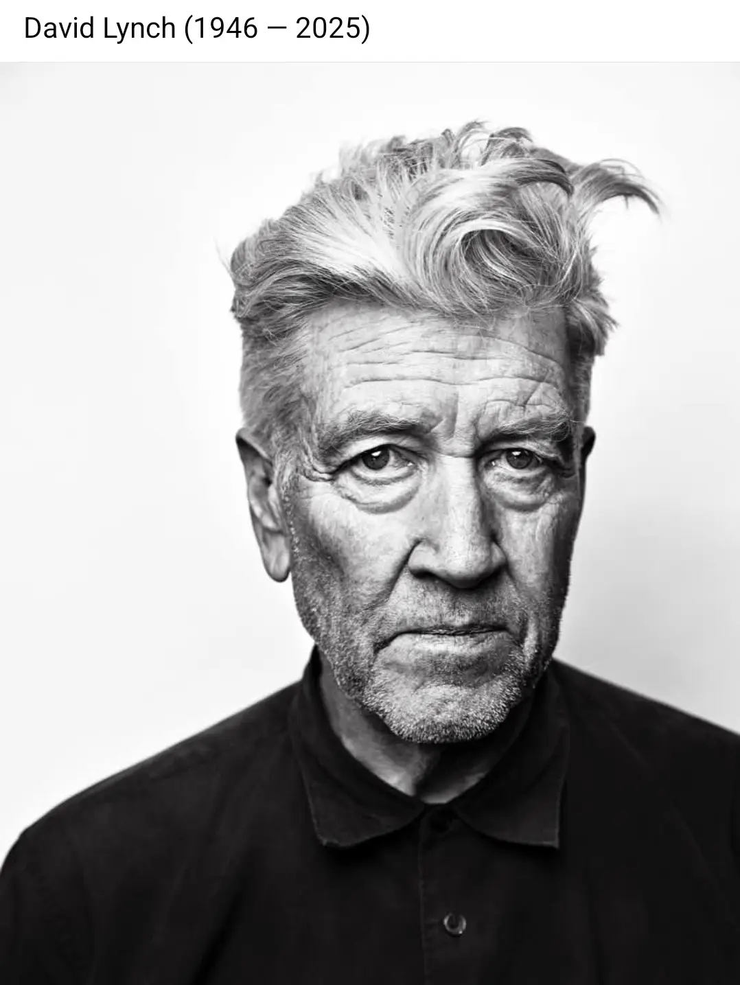 A black-and-white portrait of David Lynch, an older man with gray, tousled hair and a serious expression, wearing a dark…