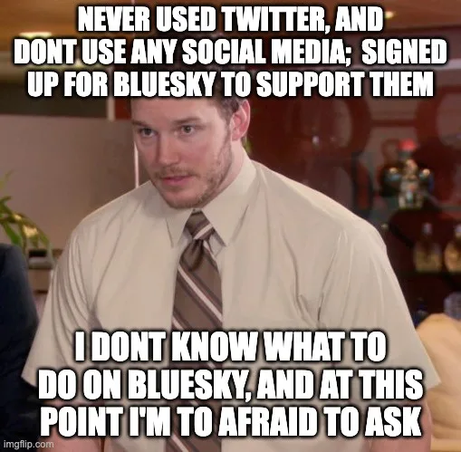 A man in a beige shirt and striped tie looks confused and slightly anxious. The overlaid text reads: 'NEVER USED TWITTER…