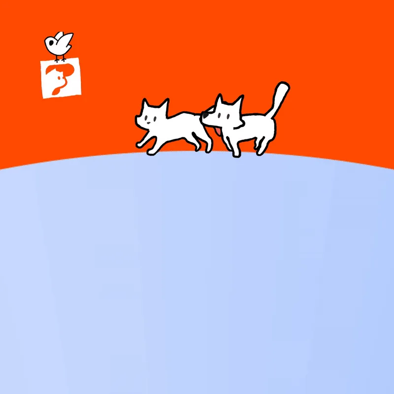 The image displays a grid of six panels showing two white cartoon cats walking on a hill. In each panel, a small bird…