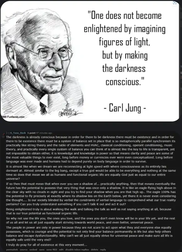 A black-and-white sketch of Carl Jung with a long philosophical quote attributed to him overlaid in large text. The quote…