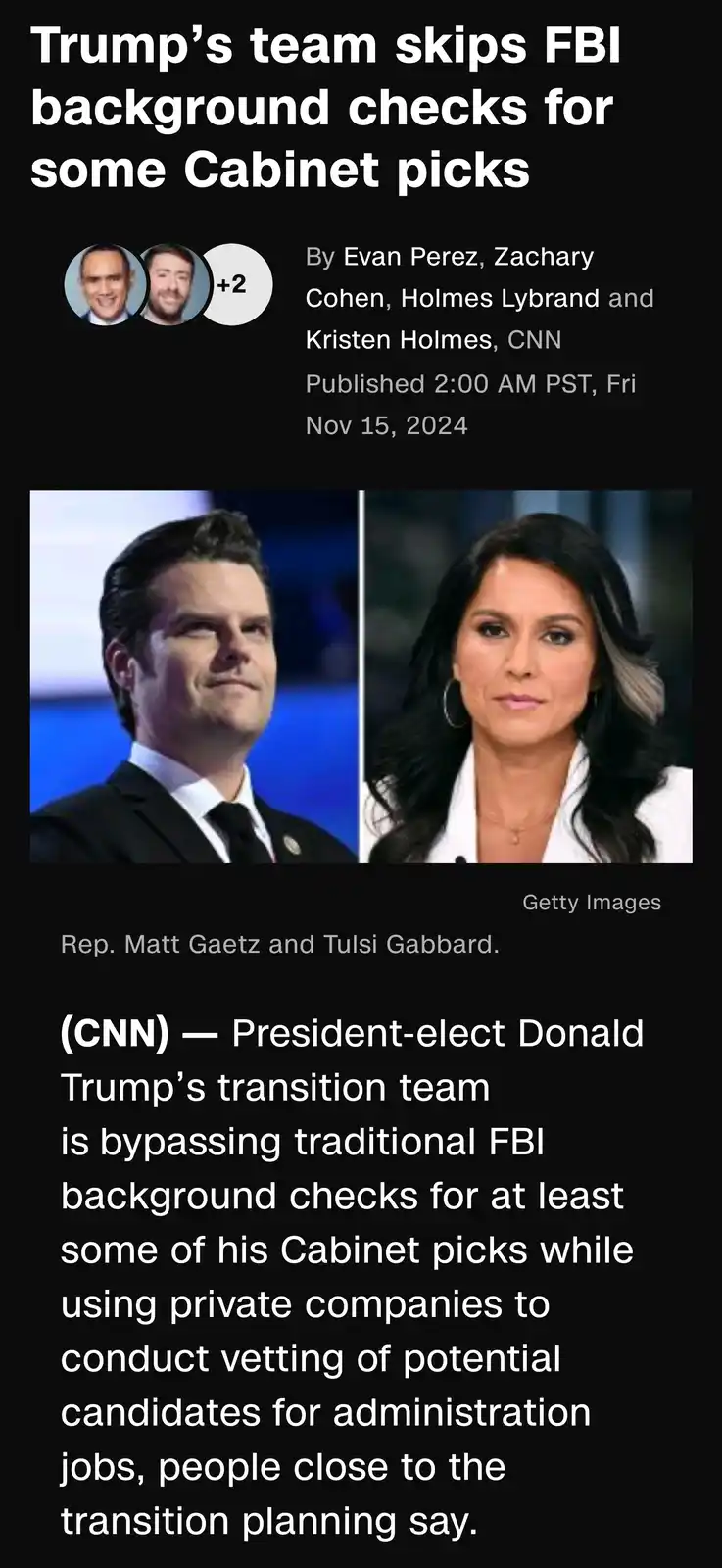 The image displays a fake CNN news article headline stating 'Trump's team skips FBI background checks for some Cabinet…