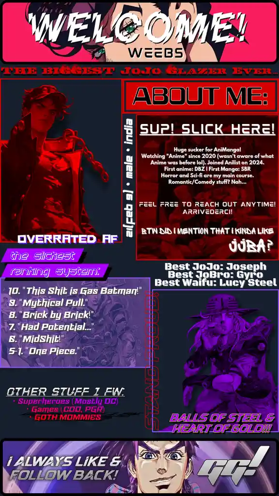 A vibrant, anime-themed 'welcome' profile page for a JoJo's Bizarre Adventure fan, featuring character art, a…