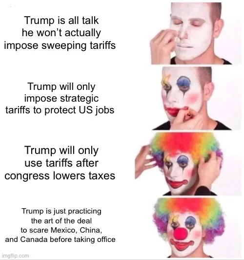 A four-panel image shows a man progressively applying clown makeup: first white base, then eye makeup, then a rainbow wig…