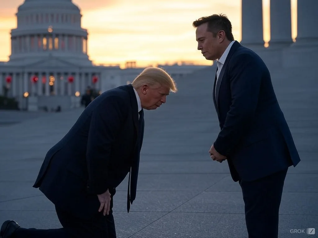 A man in a dark suit is kneeling on one knee facing another man in a dark suit who is standing upright, looking down at him…
