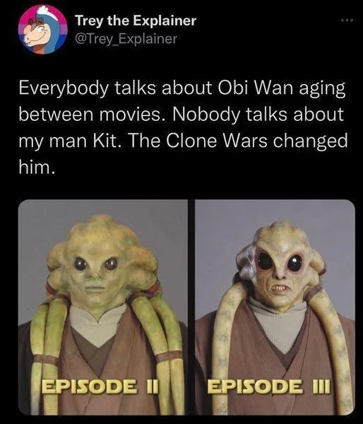 The image displays two side-by-side photos of the character Kit Fisto from Star Wars. The left photo, labeled 'EPISODE II'…