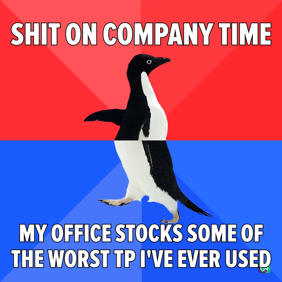 A penguin walks confidently across a red and blue background, with bold white text at the top reading 'SHIT ON COMPANY TIME'…