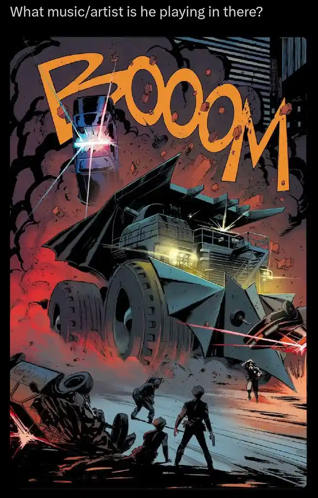 A comic book panel depicts a massive, armored vehicle resembling the Batmobile crashing through a city street, with debris…