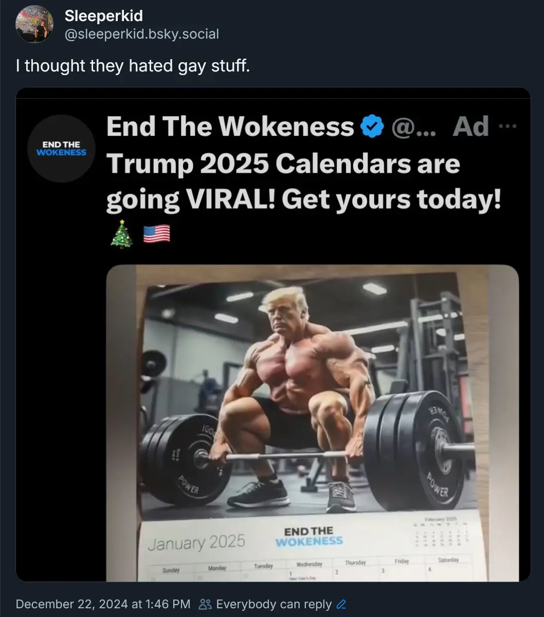 A screenshot of a social media post showing an advertisement for 'Trump 2025 Calendars' by 'End The Wokeness'. The ad…