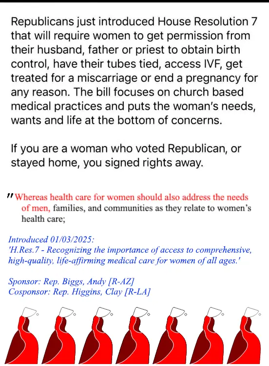 A meme image displays a block of text accusing Republicans of introducing a fictional House Resolution 7 that would require…