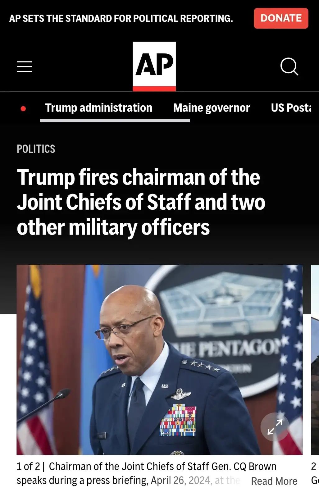 A screenshot of an Associated Press news article headline about Trump firing military officers, overlaid with a photo of…