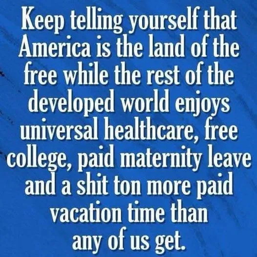 A blue textured background with white text that reads: 'Keep telling yourself that America is the land of the free while the…