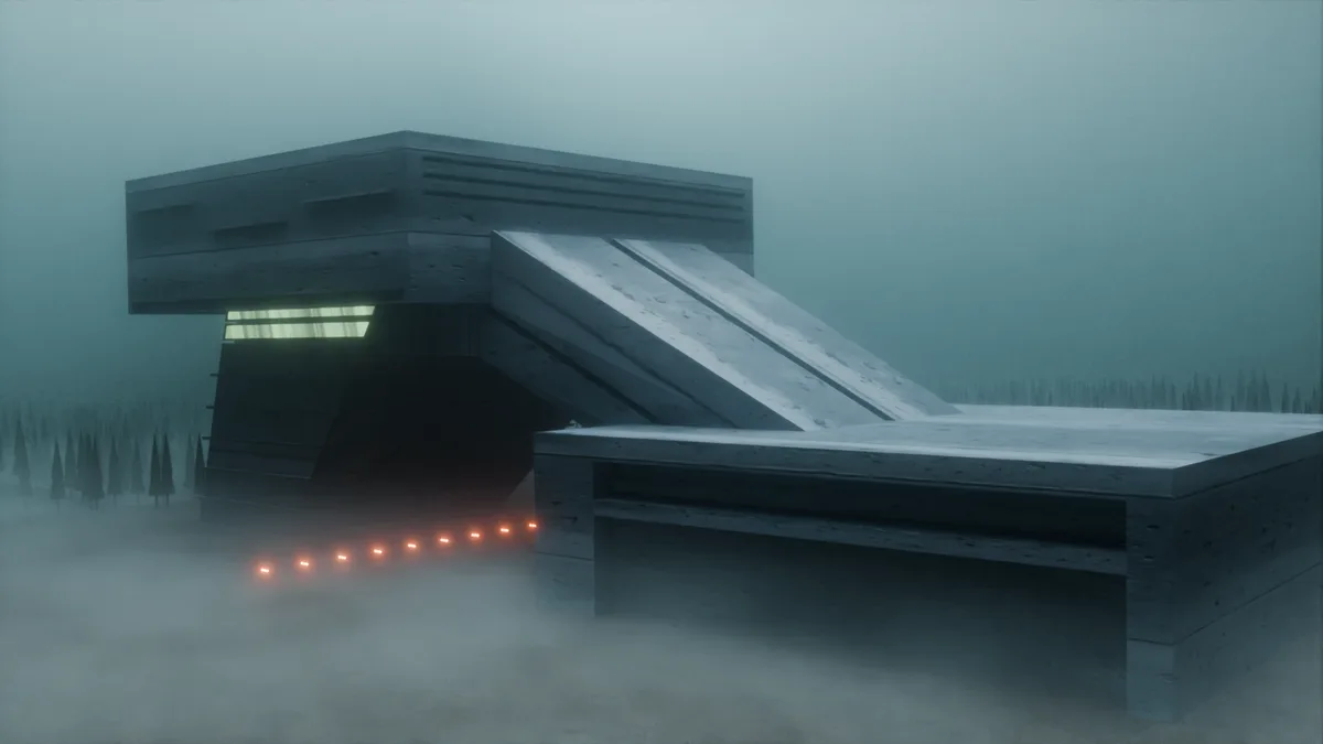 A foggy, eerie scene features a large, angular, dark wooden structure resembling a modernist building or bunker with a…